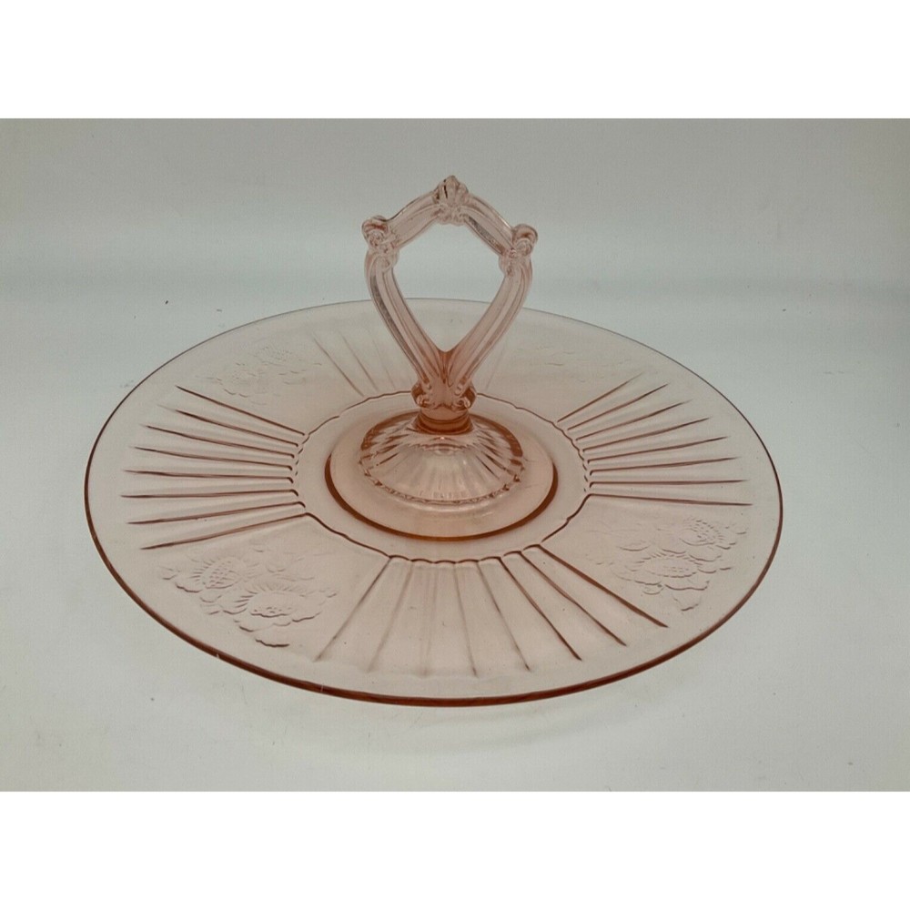 Mayfair Center Handle Plate Pink Depression Glass Open Rose Sandwich Server Tray